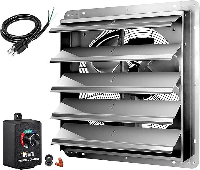 iPower 20 Inch Wall Mounted Shutter Exhaust Fan with Speed Controller and Power Cord Kit, Aluminum, 1200 RPM, 3368 CFM, for Attic, Garage, Louvered Vent, Plant, Greenhouse, Silver