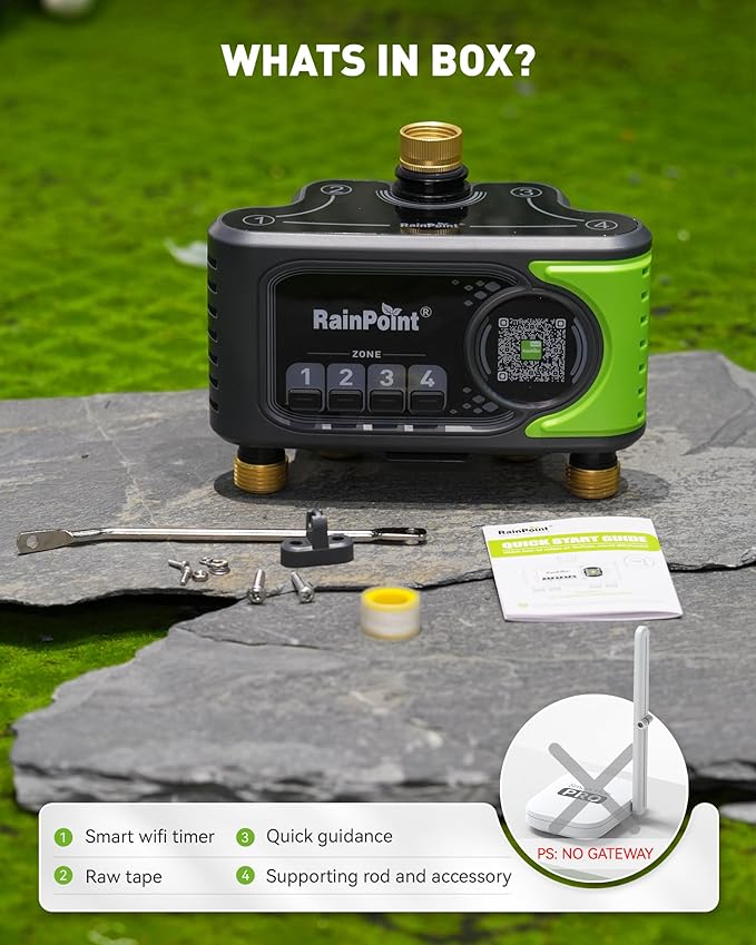 RAINPOINT WiFi Sprinkler Timer 4 Zone, Outdoor Smart Water Timer for Garden Hose with Brass Inlet&Outlet, Custom Programs via APP/Voice Control for Automatic Watering System Without Hub