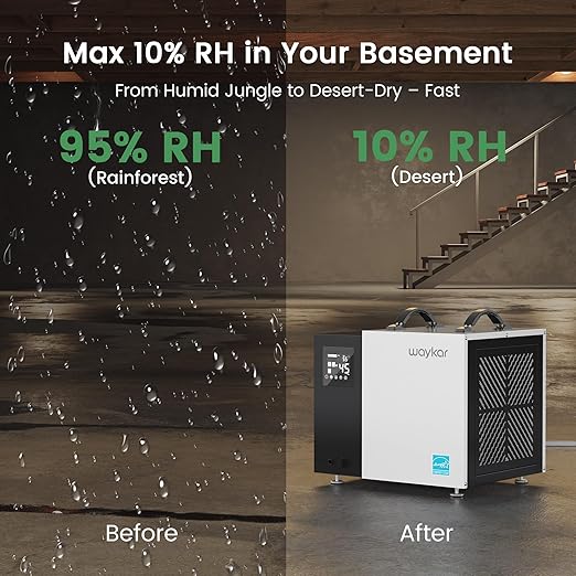 Waykar 70 Pint Energy Star Crawl Space Dehumidifier with Drain Hose, Commercial Dehumidifier for Basements and Home, for Spaces up to 5000 Square Feet, Smart Humidity Control - 5-Year Quality Coverage