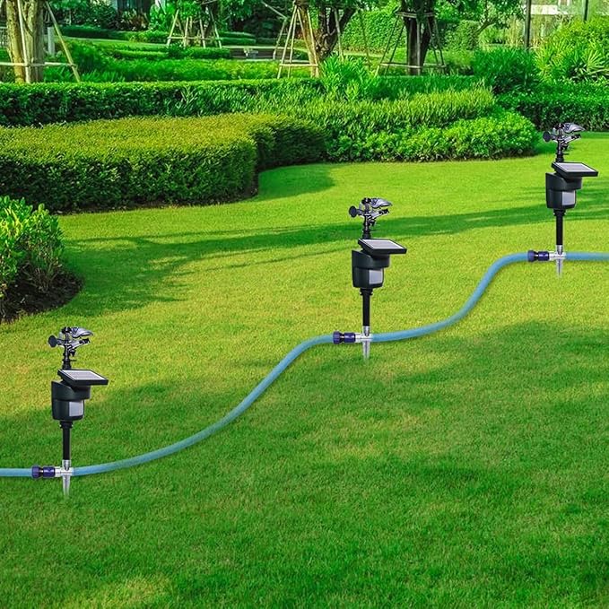 [2025 Upgraded] Yardeen Solar Motion Sensor Sprinkler, Adjustable Garden Water Sprayer with Stake. Day and Night Mode can be Selected