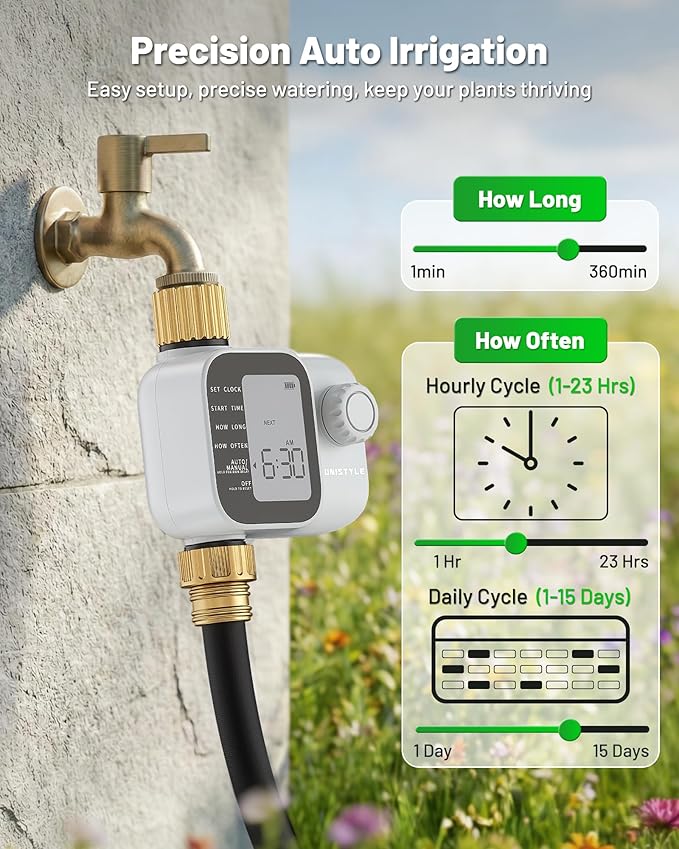 [All-New 2027] Sprinkler Timer with Brass Inlet, Unistyle Programmable Water Timer for Garden Hose, IP55 Waterproof Hose Timers with Manual and Automatic Irrigation Timers Yard Lawn Patio Heavy Duty