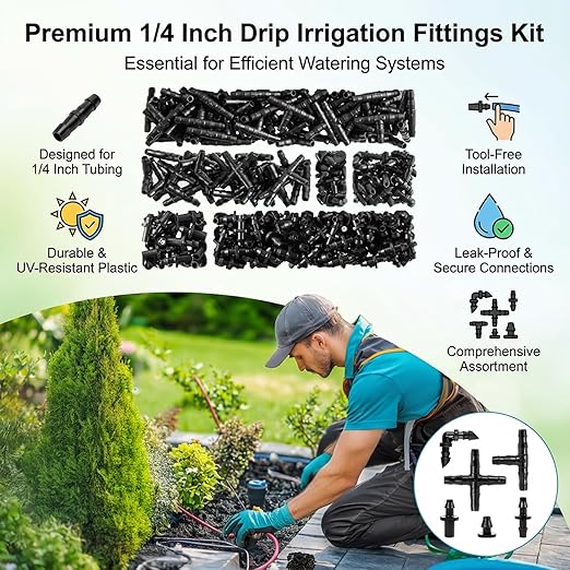RAINFLOW Drip Irrigation Fittings Kit 1/4 Inch – Barbed Connectors, Tees, Elbows, End Plugs and Couplings, Tool-Free Drip Irrigation Parts for Garden, Greenhouse and Lawn Watering Systems