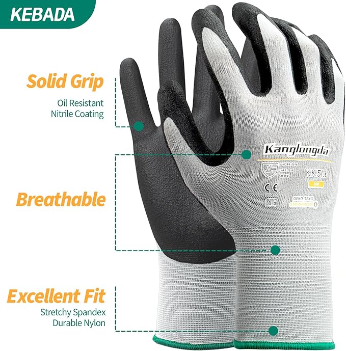 Kebada 60-Pairs Small Work Gloves for Men and Women, Nitrile Coated Safety Protective Gloves with Grip, Ideal for Warehouse, Delivery, Light Duty Construction Work