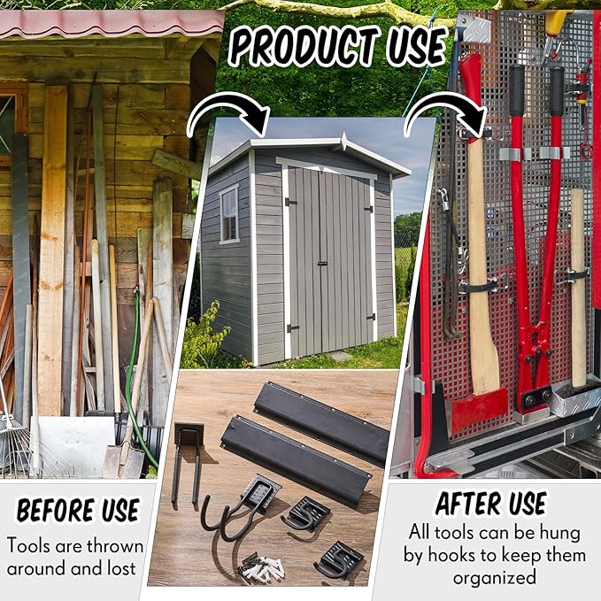 6 Pack Shed Tool Hooks Organizer Wall Mounted 32" Adjustable Storage Shed Accessories Double Straight Large Curved Mop Hook Metal for Large Small Tools Yard Gardening Rack Shovel Broom