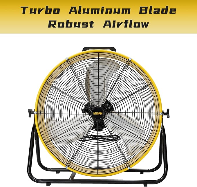 HiCFM 8200 CFM 24 inch Portable High Velocity Drum Fan With Powerful 1/3 HP Motor, Turbo Blade, 3 Speed Low Noise Design and 9ft Power Cord for Air Circulation, Convenience - UL Listed