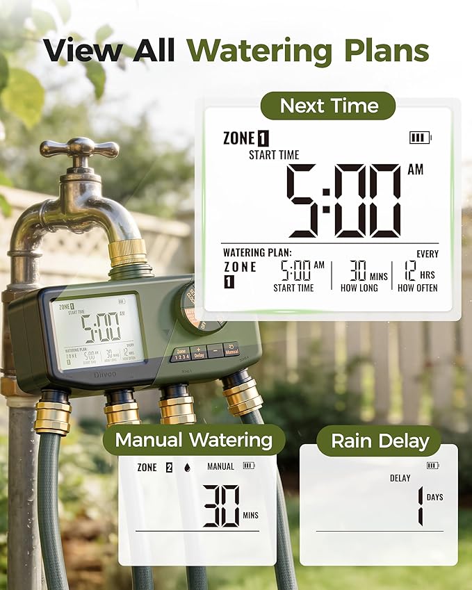 Diivoo 4 Zone Sprinkler Timer with Brass Inlet, IP68 Waterproof 4 Zone Water Timer with Large Display, Digital Control & Rain Delay & Manual Watering for Garden Hose, Lawn, Yard