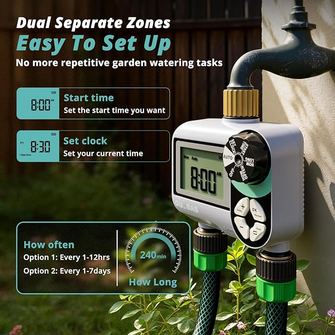 QUOBAS Brass Sprinkler Timer 2 Pack, Programmable Water Hose Timer for Garden Hose Faucet with Waterproof LCD Screen, Rain Delay/Manual/Automatic Irrigation Watering System for Garden, Lawn, Yard