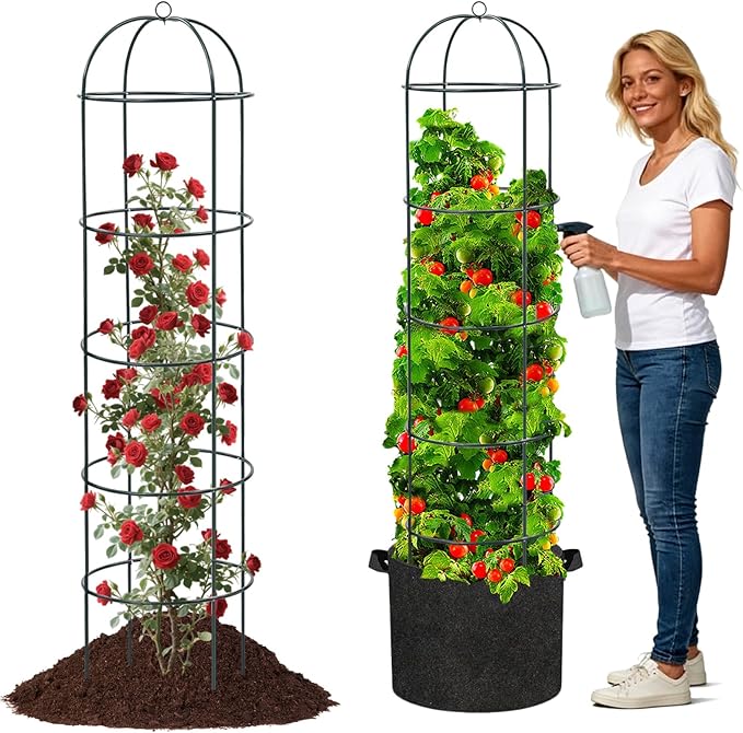 Large Trellis, Garden Obelisk Trellis for Climbing Plants Outdoor, 69" Metal Trellises for Tomato Cucumber Clematis Rose Vine Support, Heavy Duty Round Cage Stand for Grow Bag Raised Bed Yard, 2 Pack
