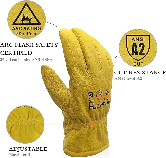 ARC FLASH Safety Gloves, Cut-Resistant Goat Skin with Para-Aramid Liner for Work, Handling, Driving