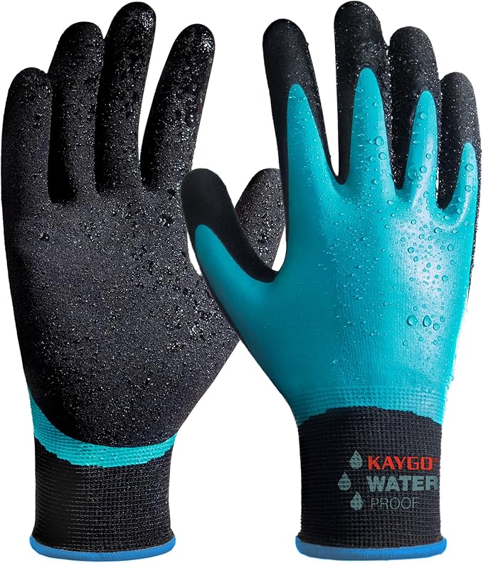 KAYGO Waterproof Work Gloves for Men and Women, Rubber Coated Non-slip Working Gloves for Garden, Outdoor Construction, KG150, Blue, M