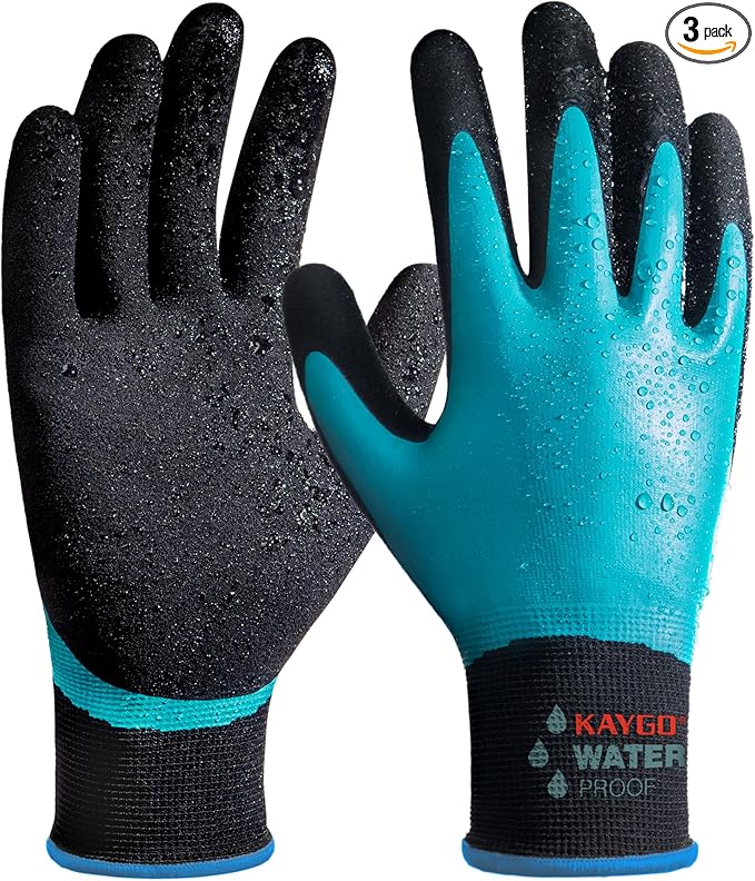 KAYGO Waterproof Work Gloves for Men and Women,3 pairs Rubber Coated Non-slip Working Gloves for Garden, Outdoor Construction (Blue, M)