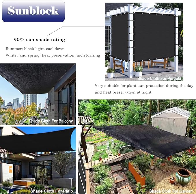 12X24Ft Shade Cloth for Garden, 90% Black Sun Shade Mesh for Plants Heat Protection, Outdoor Sunblock Mesh Tarp for Greenhouse, Plant Cover, Balcony, Gazebo, Deck, Porch, Carport