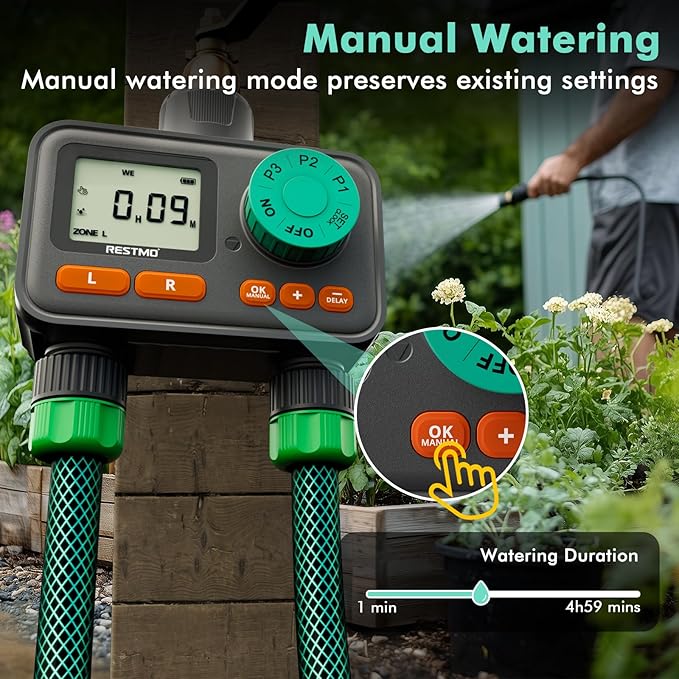 RESTMO 2-Zone Sprinkler Timer with 3 Separate Programs, 7-Day Programmable Water Timer for Garden Hose, Automatic Control/Manual/Rain Delay, Ideal for Drip Irrigation and Lawn Watering System