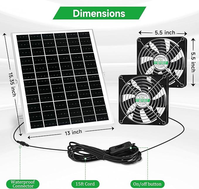 blessny 5.5" Solar 2 Fan Kit for Intake or Exhaust air, Weatherproofed Solar Powered Fans for Outside Chicken Coops, Greenhouses, Shed, Pet House Air Ventilation