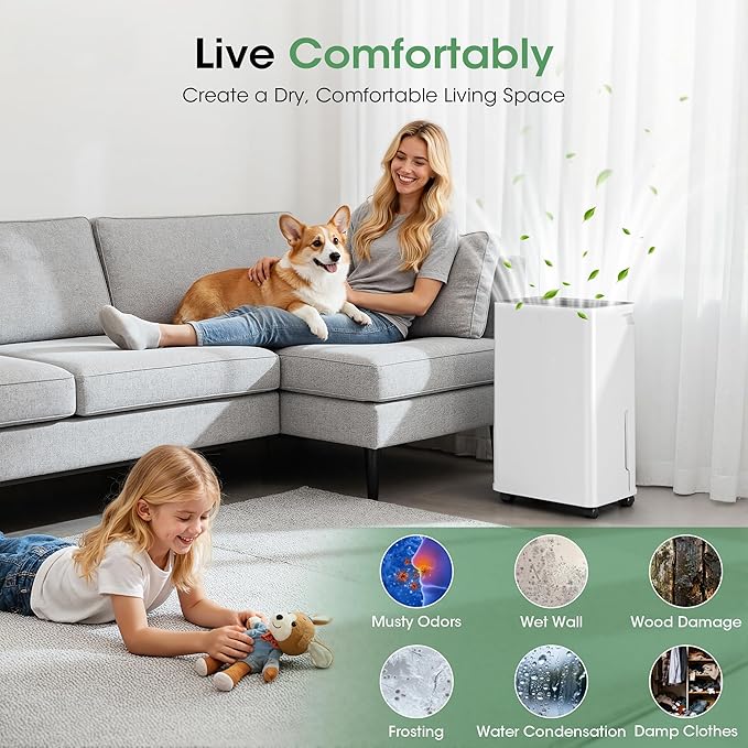 2500 sq.ft Dehumidifier for Basement, Smart APP WiFi Control,35 Pint Dehumidifiers for Home with Drain Hose, 24H Timer & Child Lock, Quiet & Eco, Ideal for Large Rooms, Bathroom, Bedroom，Pure white