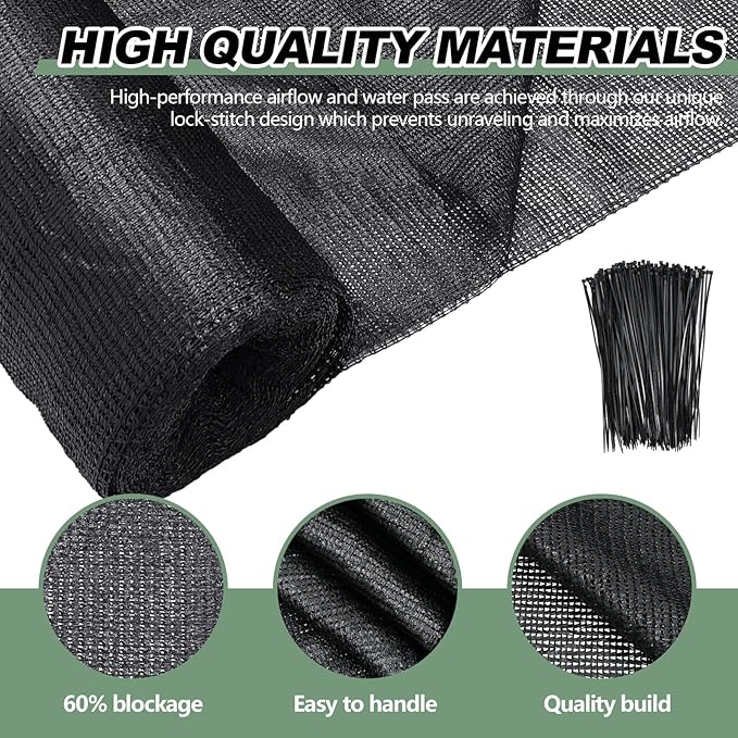 6 x 200 ft Shade Cloth Black Shade Cloth Roll for Covering Garden 70% Mesh UV Resistant Net with Ties for Patio Outdoor Greenhouse Fence Flower Plant Cover Canopy