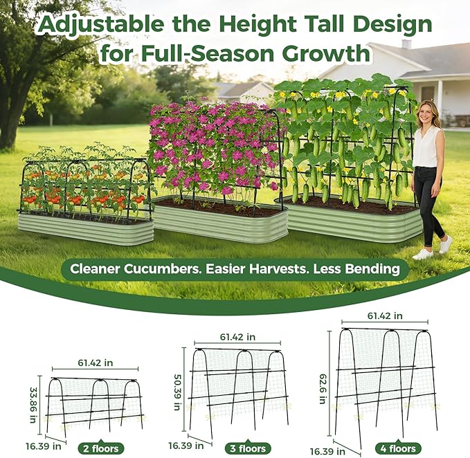 Cucumber Trellis for Raised Bed, 62"x62"U-Shape Garden Trellis for Climbing Plants Outdoor, Metal Arch Plant Support with Netting for Cucumbers, Beans, Tomatoes & Climbing Vegetables