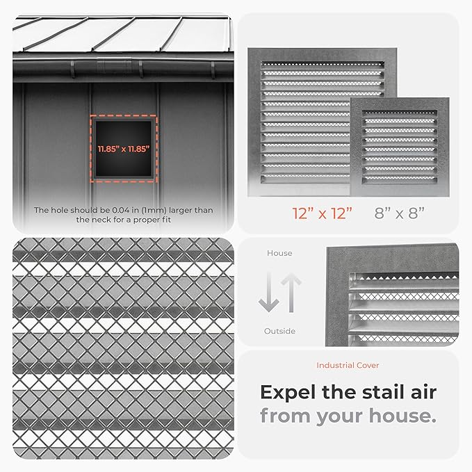 12" x 12" Inch Galvanized Steel Vent Cover - Square Industrial Air Vent Louver for Wall, House, Garage - Wire Screen Mesh Louver Grille - Soffit Exhaust Vent, Dryer Vent Cover