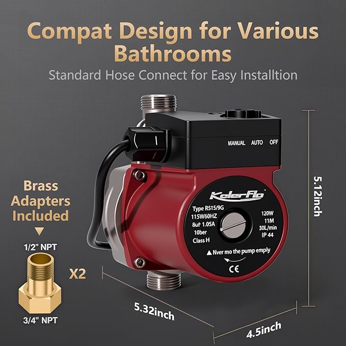 Hot Water Recirculating Pump,120W 110V Automatic Circulating Pump/Booster Pump Stainless Steel Head NPT 3/4",15-9S Three Speed Control for Electric Water Heater System