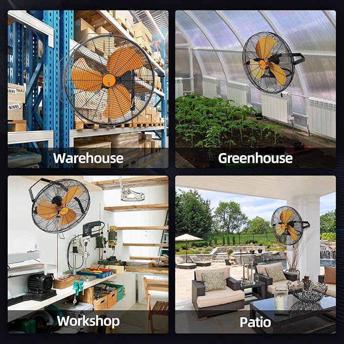 20" Industrial Wall Mount Fan, 4850 CFM High Velocity [Garage, Workshop, Gym] Sealed Motor, 3 Speed Metal Fan, 180° Tilt, Commercial Grade - UL Listed