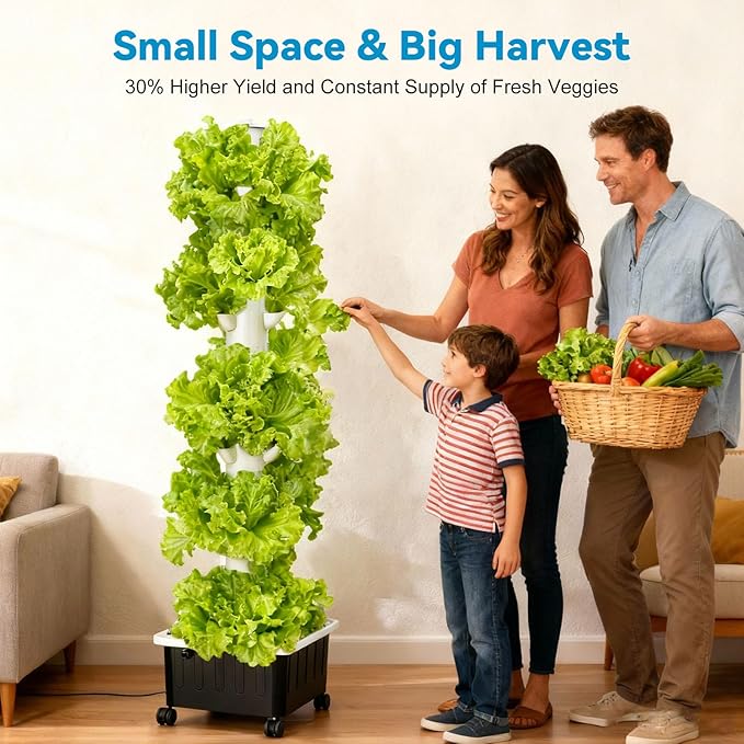 JESLED Hydroponic Tower with Tent, Hydroponics Growing System with 5000K Full-Spectrum Grow Lights, Dual Timers for Auto Watering & Lighting, Grows 45 Herbs & Vegetables, 20L Water Tank, High 66.2"