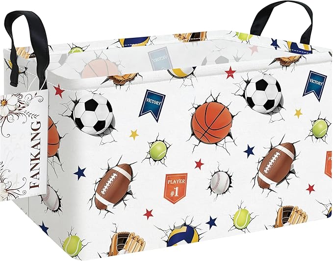 FANKANG Storage Bins,Nursery Hamper Canvas Laundry Basket Foldable with Waterproof PE Coating Storage Baskets for Boys and Girls, Office, Bedroom, Clothes,Toys(Rec-3D Sports Balls ）