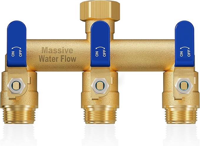 3 Way Hose Splitter, Heavy Duty Full Flow Garden Water Hose Bib Spigot Splitter, Brass Rust and Freeze Resistant Outdoor Faucet Splitter, T Adapter Connector with 3/4 - Inch GHT Thread （Blue）