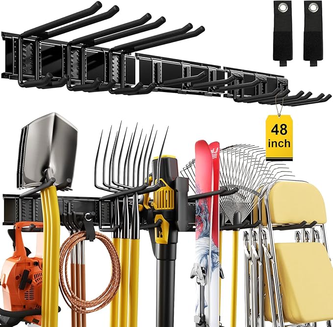 48" Garage Tool Organizer with 9 Adjustable Hooks, Heavy Duty Garden Tool Storage Rack for Shed