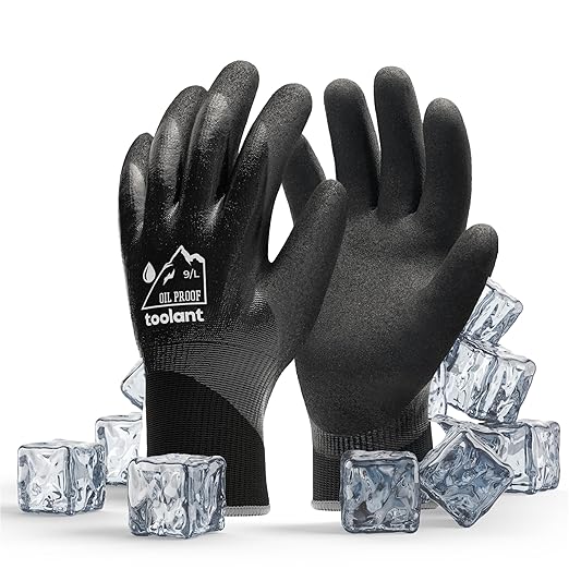 toolant Waterproof Gloves for Men and Women, Freezer Gloves with Grip, Double Nitrile Dipped for Extreme Oil Repellent, for Construction, Mechanics, Mining, Plumbing, Black, Large