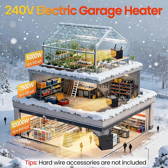 7500W Electric Garage Heater with WIFI & Remote, 240V Hardwired Ceiling Mount Shop Heater, Garage Space Heaters with ECO Mode, 12H Timer, Thermostat, Overheat Protection, for Garage Workshop Warehouse