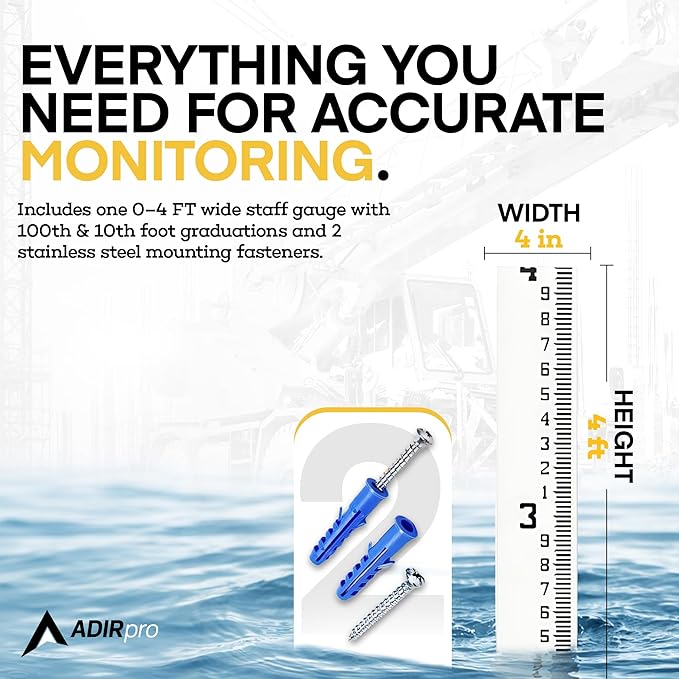AdirPro 7" Wide Stream Gauge - Heavy Duty Staff - All Weather Measuring - Water Depth - Flow Meters 5.5' - 10.5' (100ths/10ths/feet)
