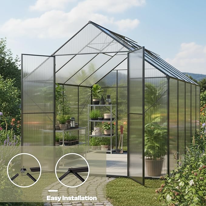 Kingdura 8x10ft Walk-in Greenhouse for Outdoors, Large Polycarbonate Greenhouses with Heavy Duty Aluminum Frame, Adjustable Roof Vent, Lockable Door, UV Protection for Outside Garden Backyard