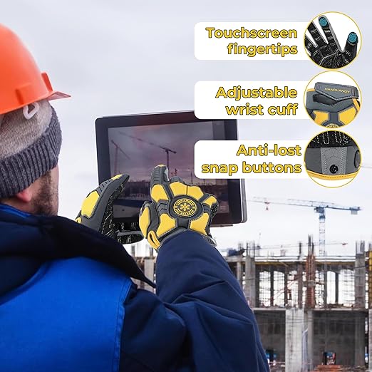 HANDLANDY Winter Cut Resistant Men Impact Resistant Work Gloves, Padded Palm Grip Heavy Duty Working Glove (Large, Yellow)