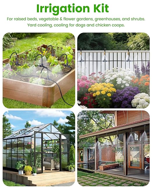 240FT Drip Irrigation System for Garden with 36 Nozzles –360° Adjustable Misting Nozzles, Quick-Connect Design, Ideal for Raised Beds, Lawns, Greenhouses & Outdoor Cooling