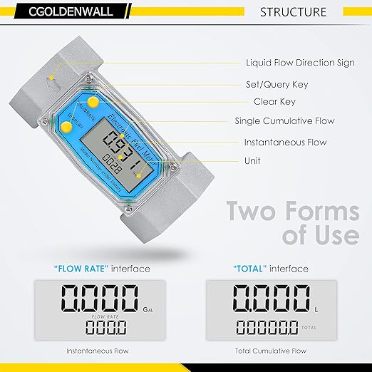 CGOLDENWALL 1.5 Inch Turbine Flow Meter LCD Digital Display Flowmeter with 1.5" Inlet/Outlet, Flowmeter for Diesel Kerosene Gasoline, Flow Rate Range 10-73.5 GPM