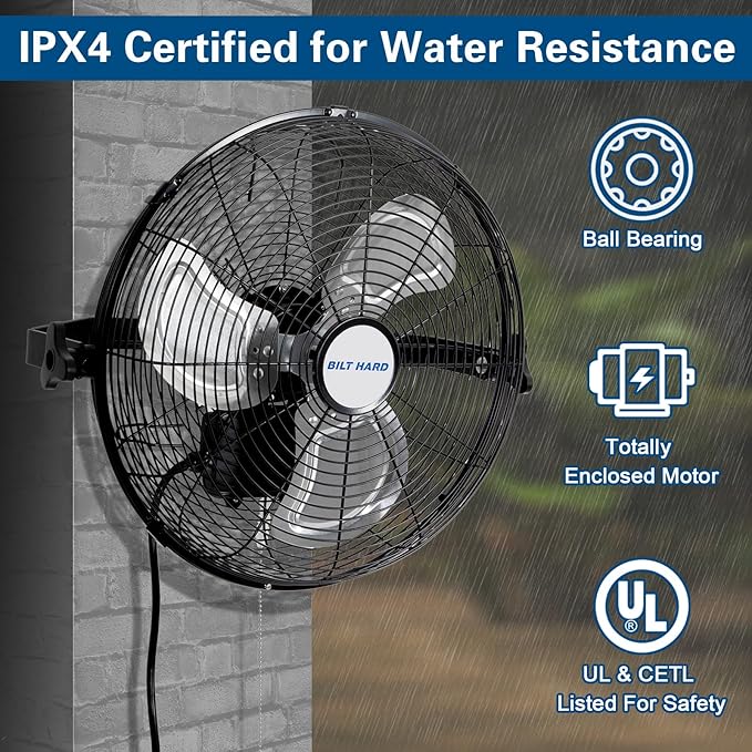 BILT HARD 3000 CFM 14 in. Outdoor Wall Mount Fan, 3-Speed Waterproof Wall Fan Industrial Grade High Velocity Outdoor Fans for Patio, Commercial, Garage, and Gazebo Use- UL Listed