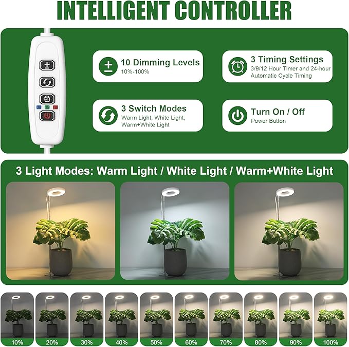 White Small Halo Grow Light with Base, Full Spectrum Indoor Plant Grow Light, Height Adjustable, 3 Spectral Modes, 10 Brightness Levels, Automatic Timer 3/9/12 Hours, 3 Pack