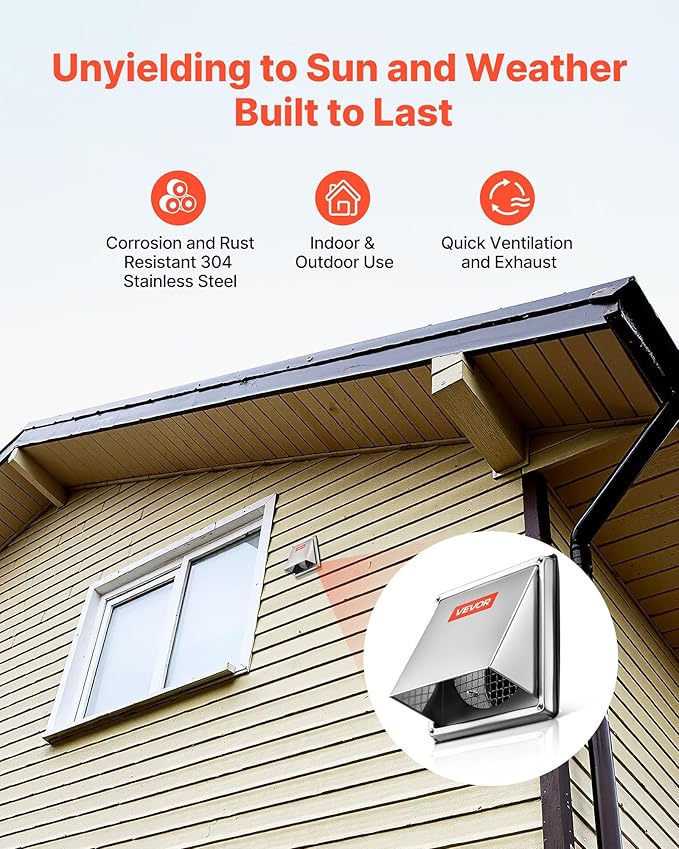 VEVOR 6 inch External Extractor Wall Vent Cover, Square AC Vent Gable Cover, Premium Stainless Steel & with Built-in a Protection Screen, for House,Bathroom,Garage,Kitchen,Basement (1 Pack, Silver)