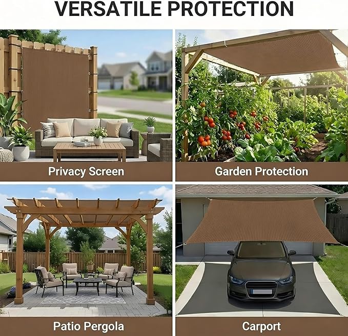 10X20 FT 90% Sun Shade Cloth, Sunblock Shade Fabric with D-Rings, Sunshade Cover for Patio Pergola Deck, UV Protected Breathable Netting with Zipties & Ropes, Mocha