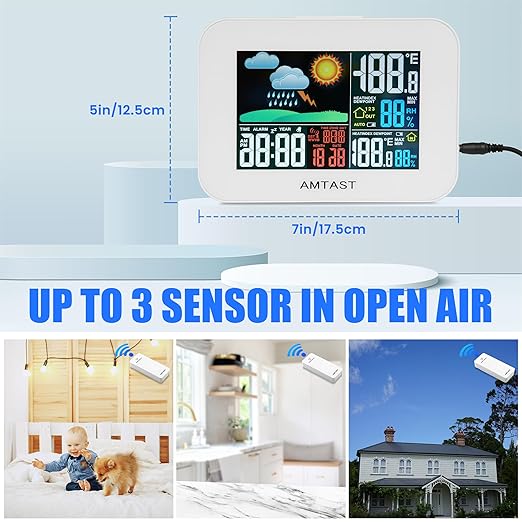Wireless Weather Station Color Display Digital Weather Station with High Precision Sensor Indoor Outdoor Thermometer with Atomic Clock, Temperature, Humidity, Weather Forecast (Model AW-005)