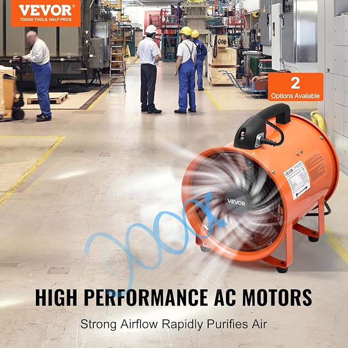 VEVOR Portable Ventilator with Hose, 2 Speed, 12 Inch Utility Blower Exhaust Fan with 16.4ft Flexible Duct, 367W 2894CFM High Velocity Industrial Air Mover for Extraction and Ventilation