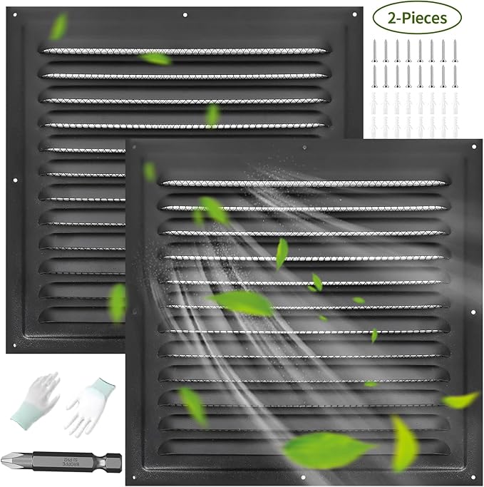 (Black 2 Pack 12" x 12"Inch) Gable Vents, Aluminum Walls, Lofts, Garages etc with Screened Metal Shed Vents, Outdoor House Loft Ceiling Reinforced Square Vents Shutters Exterior Grille (Matt)
