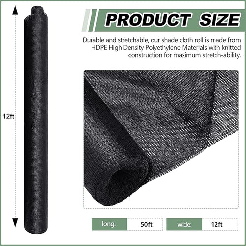 12 x 50 ft Shade Cloth Black Shade Cloth Roll for Covering Garden 70% Mesh UV Resistant Net with Ties for Patio Outdoor Greenhouse Fence Flower Plant Cover Canopy