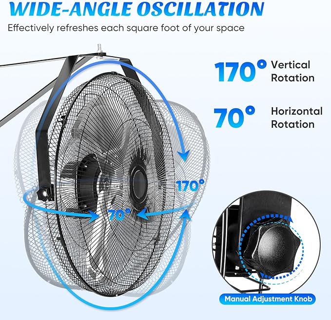 OLIXIS 18 Inch Wall Mount Fan, 2600 CFM, 3-Speed High Velocity Fan, Vertical & Horizontal Adjustable Tilt for Industrial, Commercial, Warehouse, Greenhouse, Black
