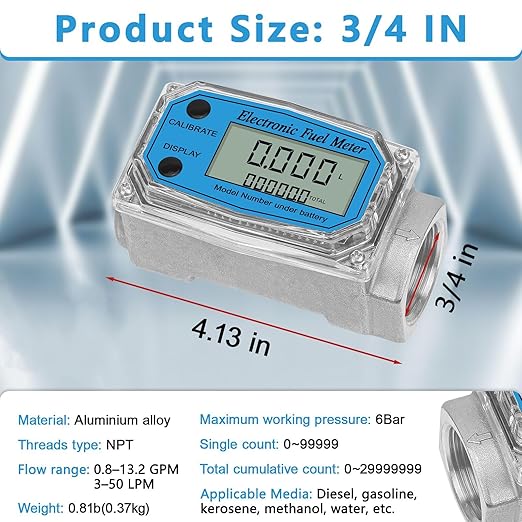 3/4" Digital Water Meter and Fuel Meter Diesel Meter - NPT Thread Flowmeter (0.8-13.2 GPM) for Diesel, Gasoline, Kerosene, Oil, Water - Supports Gallon, Liter, m³