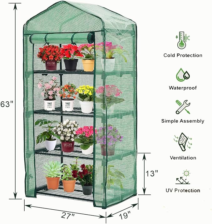 Purlyu Mini Greenhouse for Indoor Outdoor,Plant Green House 4-Tier Rack Stand Portable Greenhouses with Durable PE Cover for Seedling, 2.5x1.6x5.2 FT Ideal Gardening Gifts for Women Men(PLGH704G)