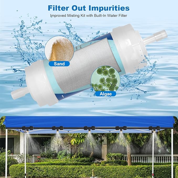 50ft/15M Misters for Outside Patio with Water Filter Misting Systems Pre-Assembled 15 Brass Mist Nozzles, Installation-Free Outdoor Misting Cooling System for Garden Waterpark Greenhouse