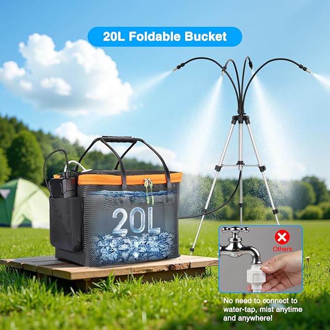 Portable Misting System with Standing, 6000mAh Water Cooling Misters Set for Outside Patio - 20L Bucket, 4.9FT(59IN) Adjustable Height for Outdoor, Beach, Pool, Water Playing, Sprinkler, Camping