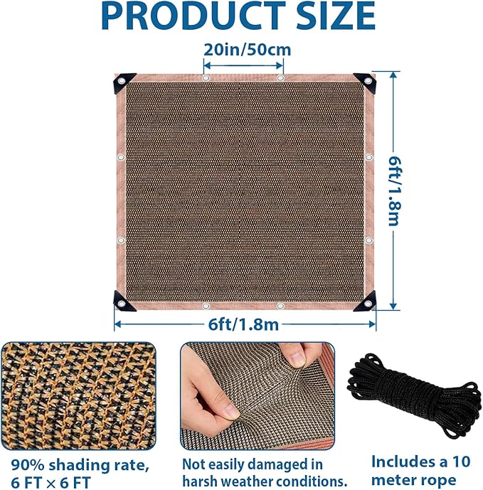 90% Sun Shade Cloth, 6 x 6 FT Pergola Shade Cover Canopy with Grommets, Sun Screen Fabric Tarp for Patio, Outdoor, Garden, Backyard, Mocha