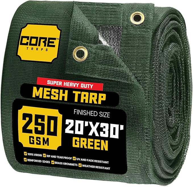 Core Tarps 60% Green Shade Cloth with Grommets - 20 X 30 FT Heavy Duty Mesh Tarp - Sun Shade Cloth for Garden Vegetables Plants Greenhouse Outdoors Backyard Fences Dump Trucks Patio Mesh Shade Tarp